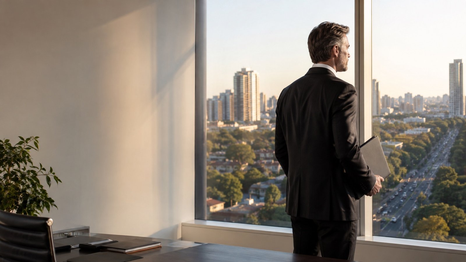 Vista de Asunción y profesional contemplando la ciudad