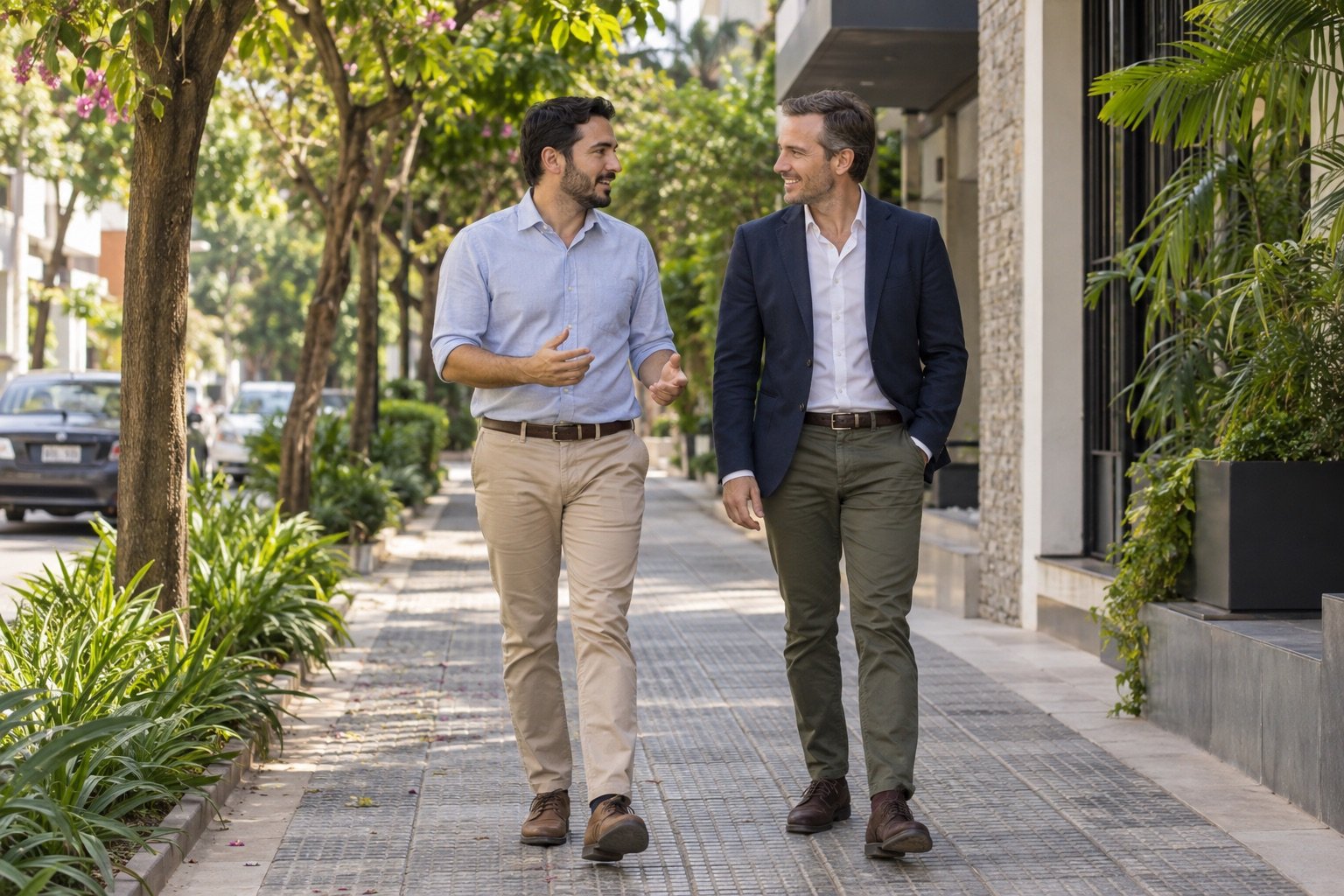 Dos profesionales caminando y conversando en una calle de Asunción